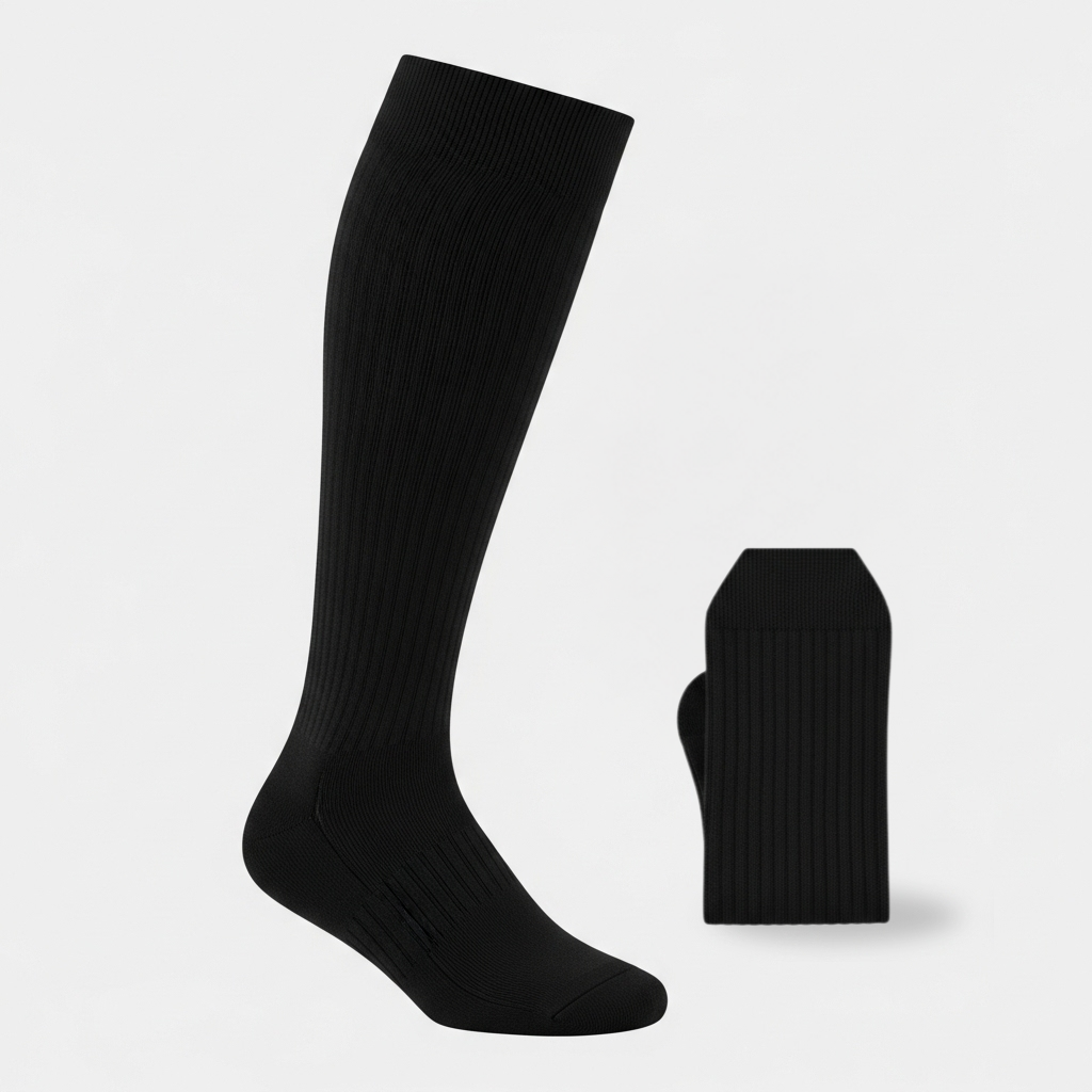 Black compression sock set with folded pair, 20-30mmHg support for DVT, swelling, and circulation relief
