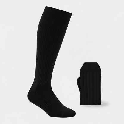 Black compression sock set with folded pair, 20-30mmHg support for DVT, swelling, and circulation relief