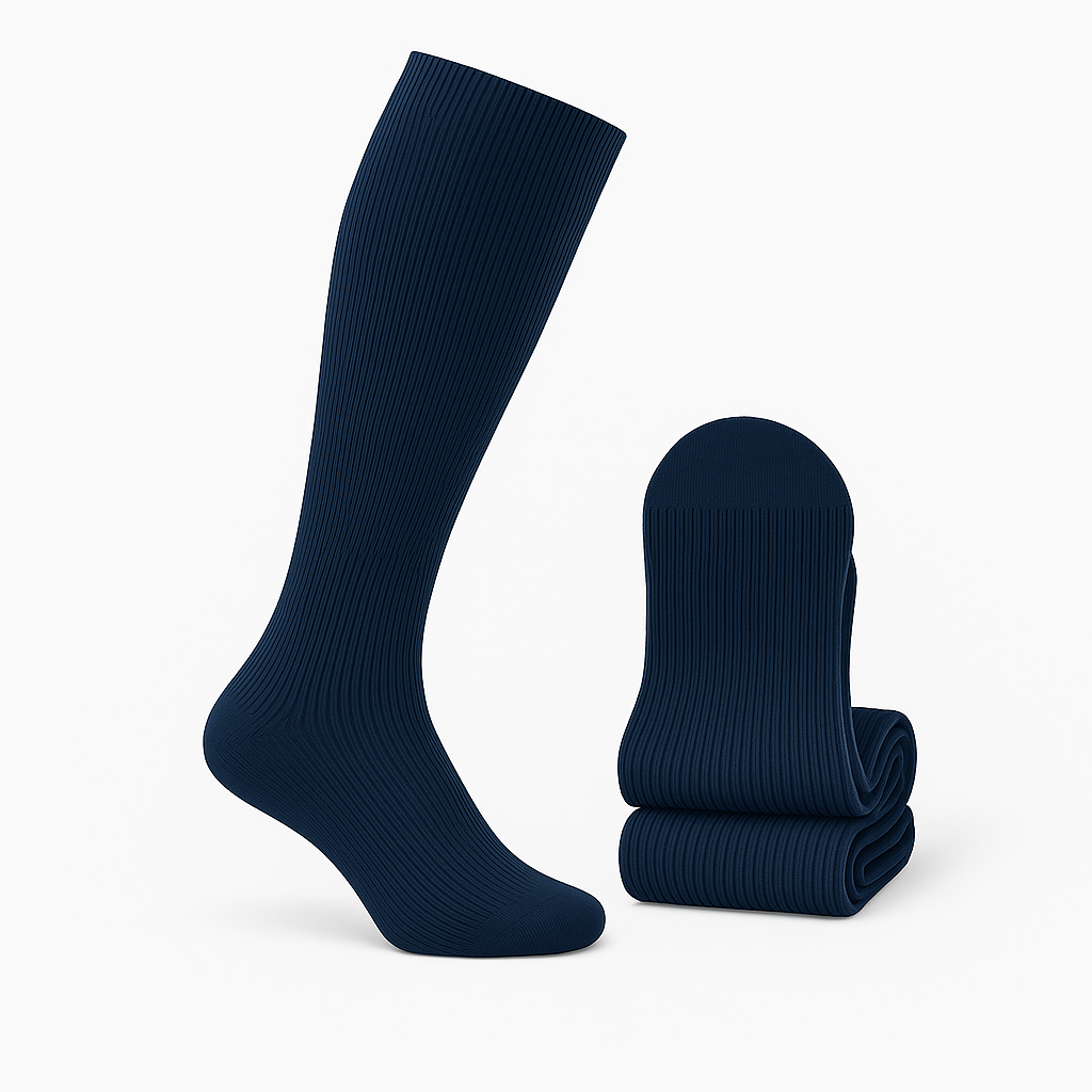 Navy compression socks two-pack for runners and flyers, 20-30mmHg breathable support for muscle recovery
