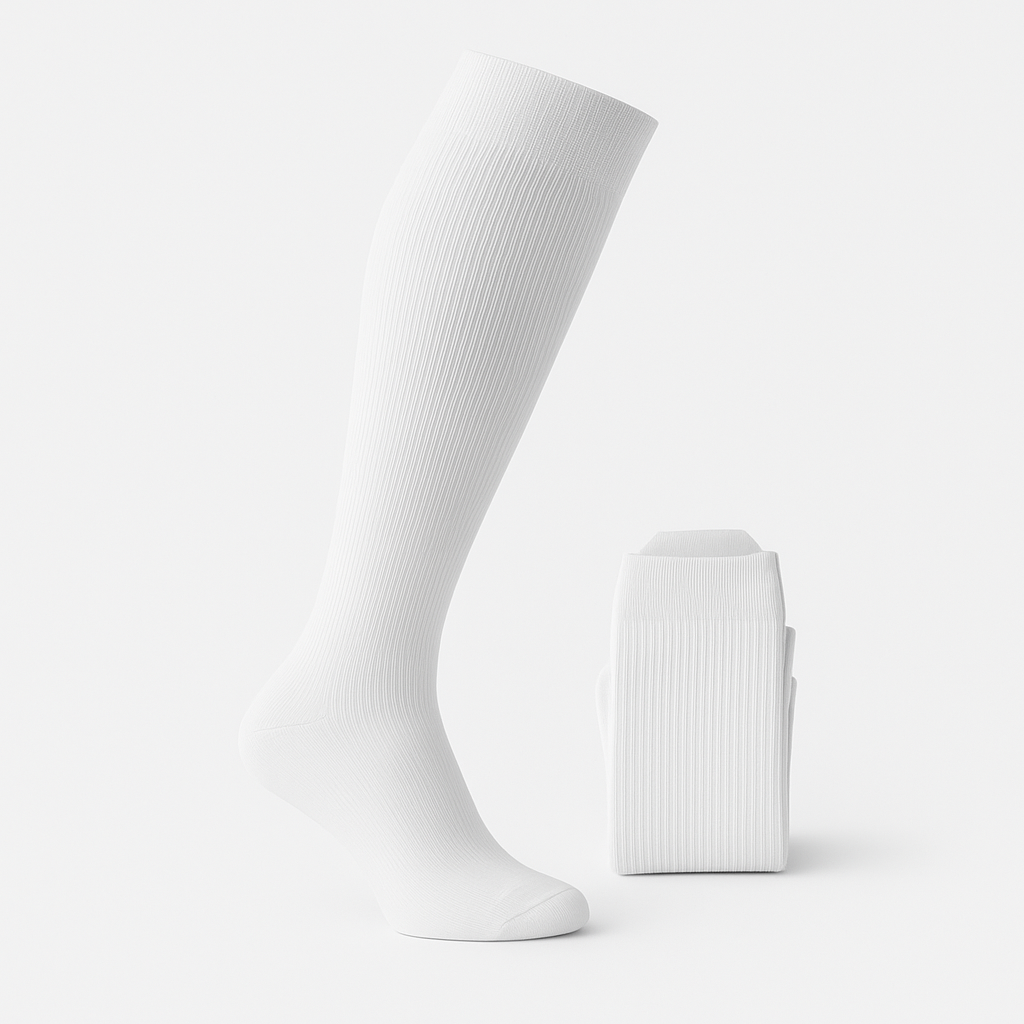 White compression socks 20-30mmHg with folded pair, ideal for women, nursing shifts, and pregnancy support